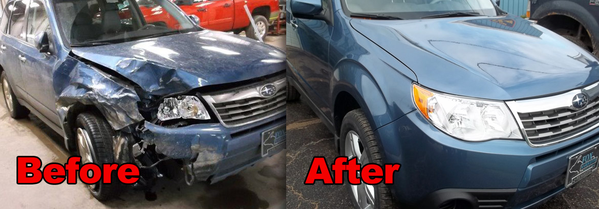 Before & After repairs on a blue subaru Forester