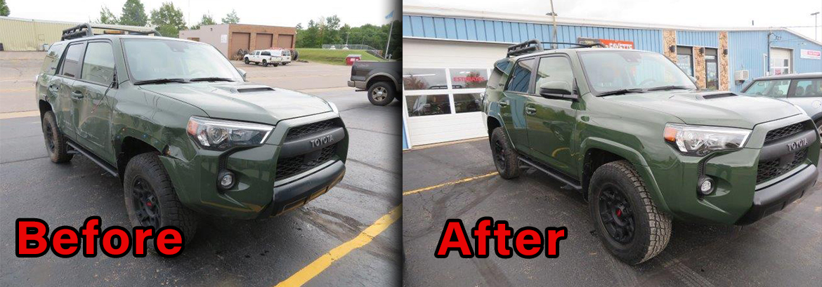 Before & After repairs on a Green Toyota
